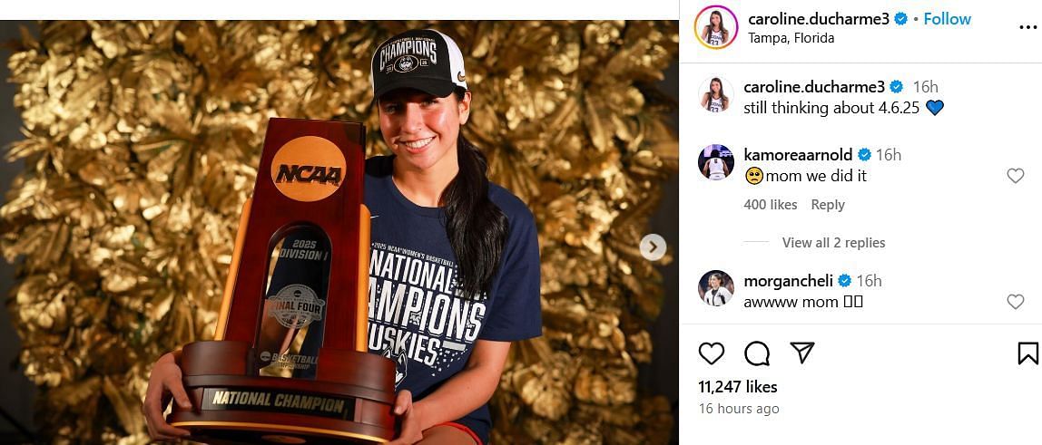 KK Arnold reacts to UConn teammate Caroline Durchame's IG post. Image via @caroline.durchame3